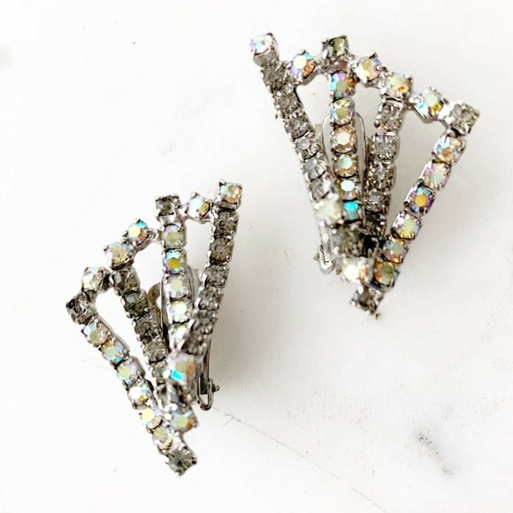 HOBE Vintage Clip On Aurora Borealis Fan Earrings - Picture 2 of 9